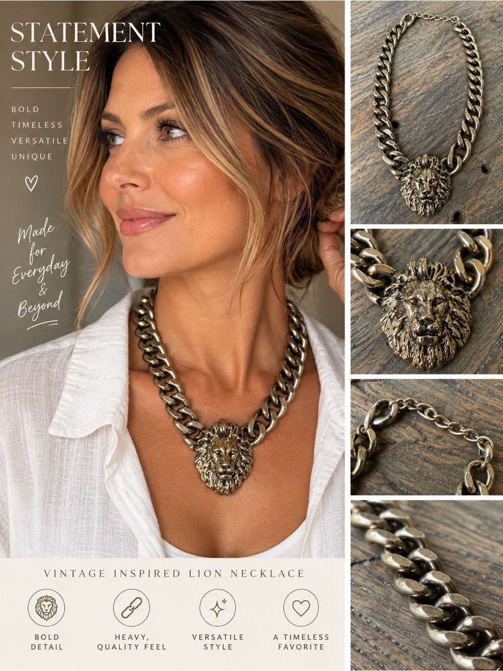 Vintage Lion Head Statement Necklace Chunky Gold Tone Curb Chain - Picture 2 of 7